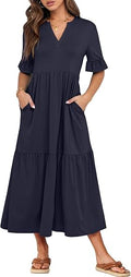 Womens Summer Maxi Dresses Casual Ruffle Short Sleeve V Neck Flowy Tiered 2026 Spring T Shirts Beach Boho Dress