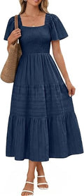 Women Summer Midi Casual Smocked Boho Dress with Pockets | Square Neck, Tea Length, Ruffle Short Sleeve, Cotton, Wedding Guest Church, Flowy Fit & Flare Dress
