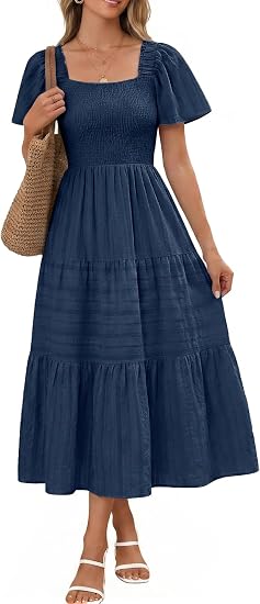 Women Summer Midi Casual Smocked Boho Dress with Pockets | Square Neck, Tea Length, Ruffle Short Sleeve, Cotton, Wedding Guest Church, Flowy Fit & Flare Dress