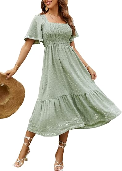 Women's Summer Hollow Out Eyelet Maxi Dress | Boho Dresses, Smocked Waist, Short Sleeve, V Neck, A-Line, Long Flowy Dress, Party Wedding Guest, Beach Vacation Outfits