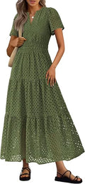 Women's Summer Hollow Out Eyelet Maxi Dress | Boho Dresses, Smocked Waist, Short Sleeve, V Neck, A-Line, Long Flowy Dress, Party Wedding Guest, Beach Vacation Outfits