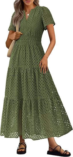 Women's Summer Hollow Out Eyelet Maxi Dress | Boho Dresses, Smocked Waist, Short Sleeve, V Neck, A-Line, Long Flowy Dress, Party Wedding Guest, Beach Vacation Outfits